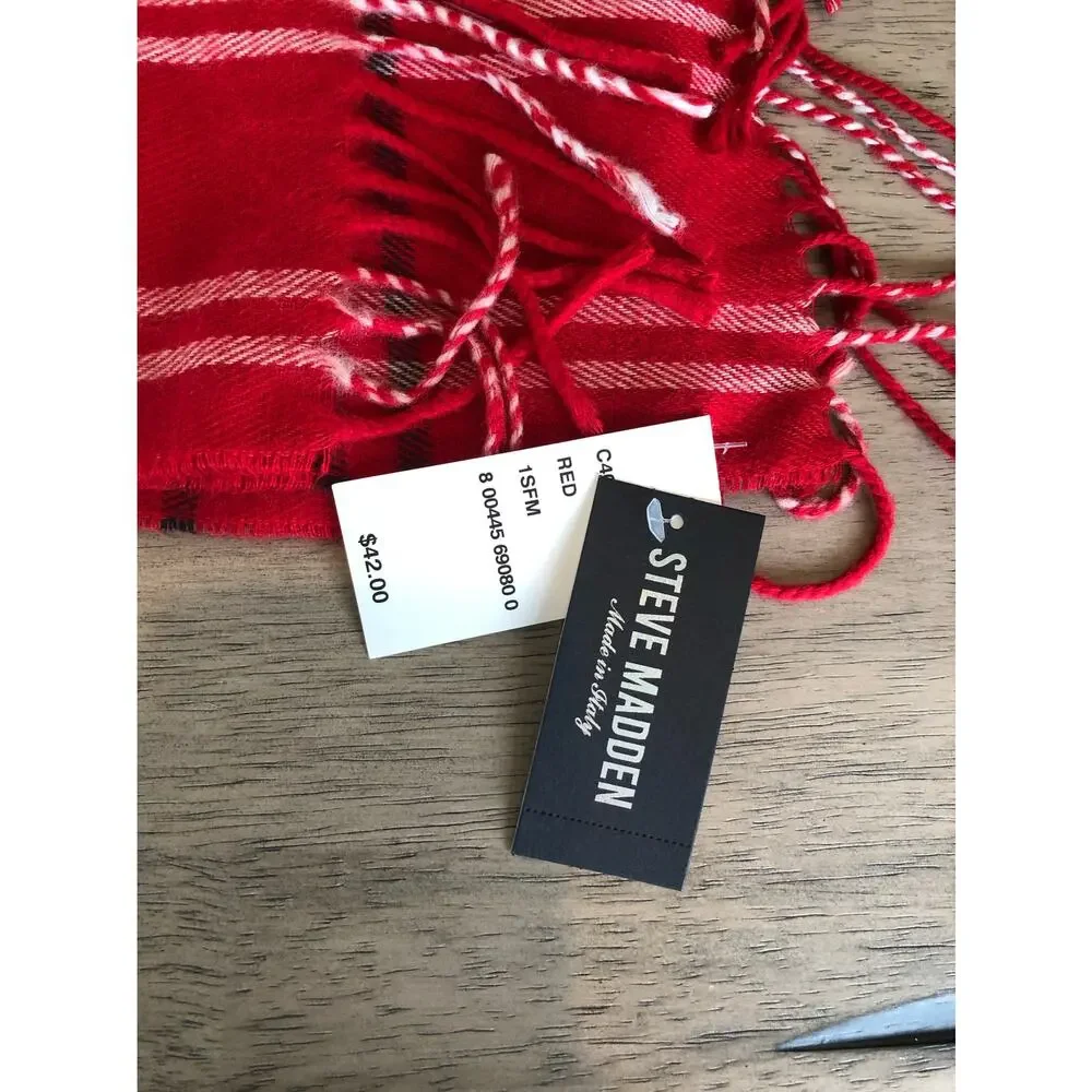 Steve Madden Red Plaid Fringe Scarf - OS